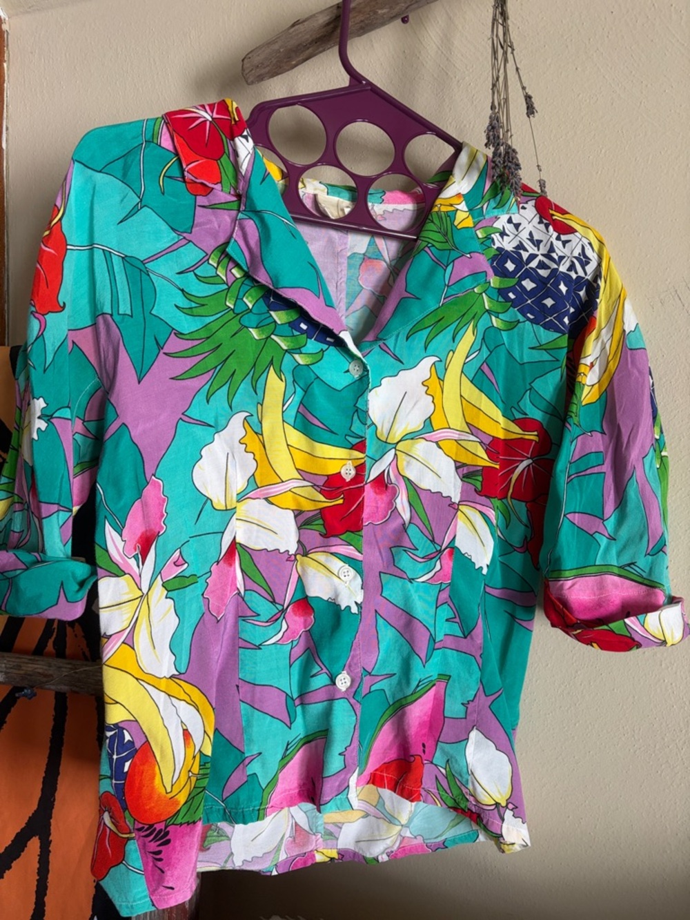 Vintage Vibrant Tropical Floral Rayon Button-Up Shirt - Bright Multi